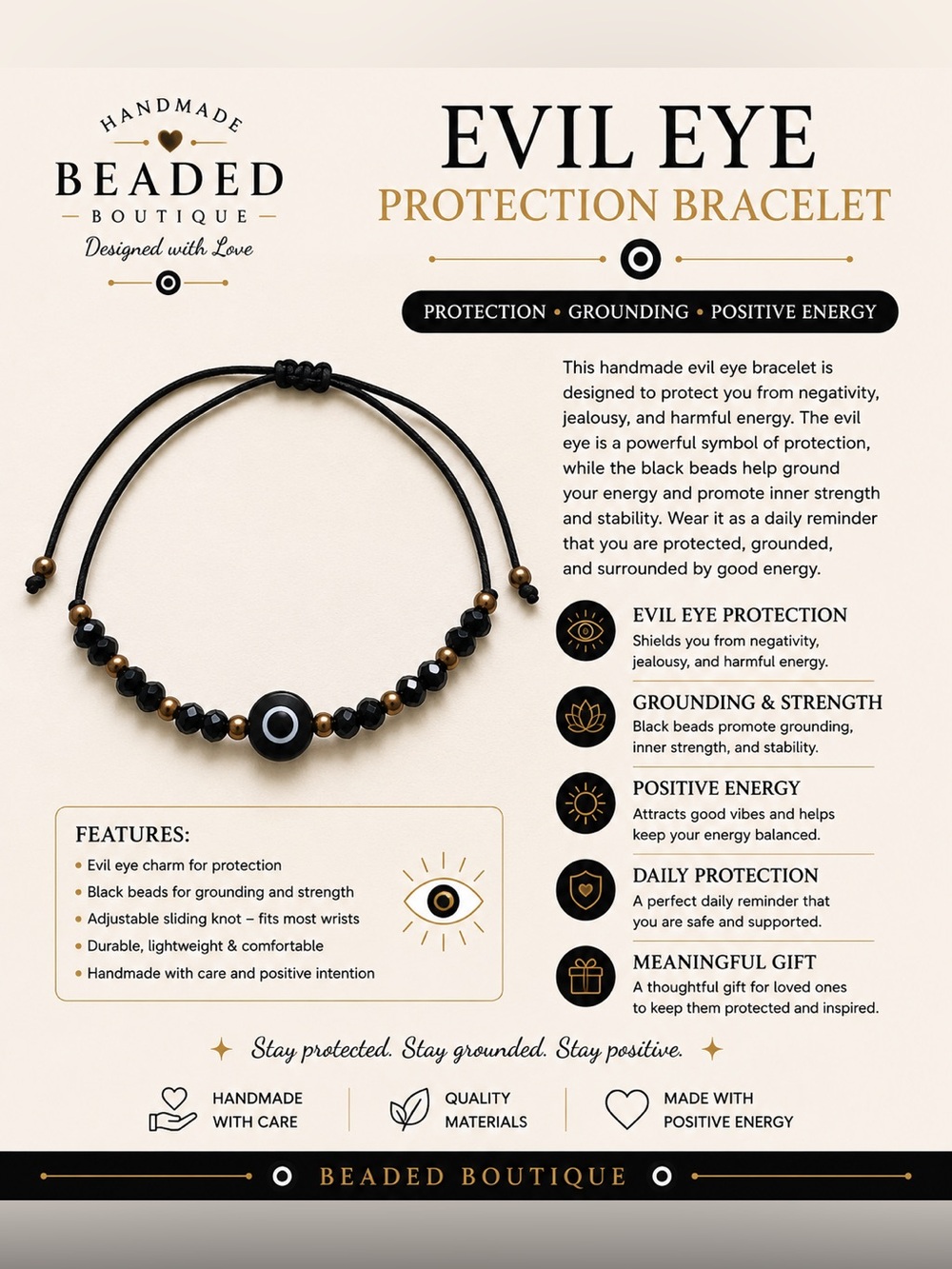 Evil Eye Protection Bracelet with Black Beads